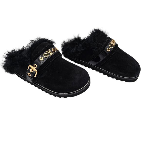 Louis Vuitton Winterbreak Black Suede Fur Lined Slip On Clog Mule Size 36 US 6 - Picture 1 of 10